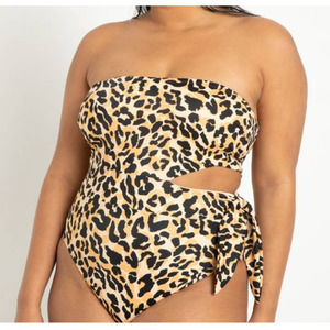 Eloquii Side Tie Leopard Animal Print Bandeau One Piece Swimsuit Plus Size 20